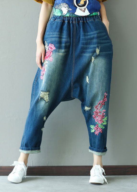 Boutique Dark Blue Embroideried Pockets Elastic Waist Ripped Jeans Spring