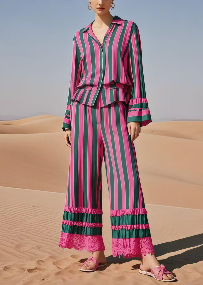 Multicolour Striped Patchwork Lace Two Piece Suit Set Spring