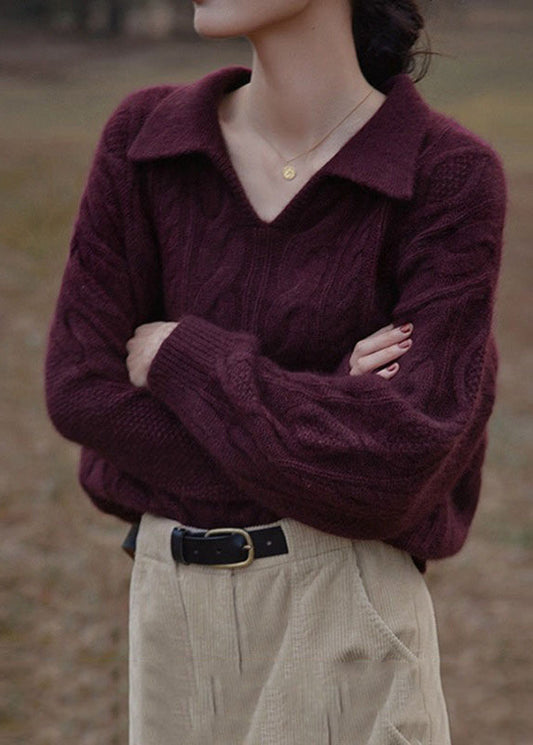 Purple V Neck Patchwork Cozy Cotton Knit Top Long Sleeve