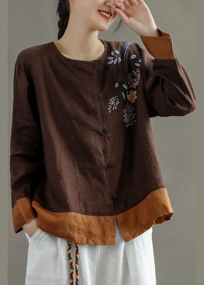 Chocolate O-neck Embroideried Patchwork Linen Shirt Tops Long Sleeve