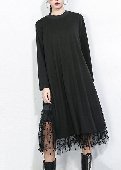 Black Asymmetrical Tulle Patchwork Cotton Maxi Dresses Spring