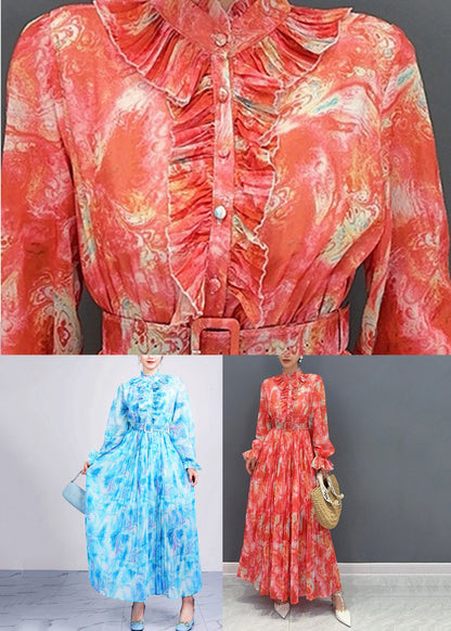 Red Stand Collar Print Sashes Chiffon Long Dress Long Sleeve Fall