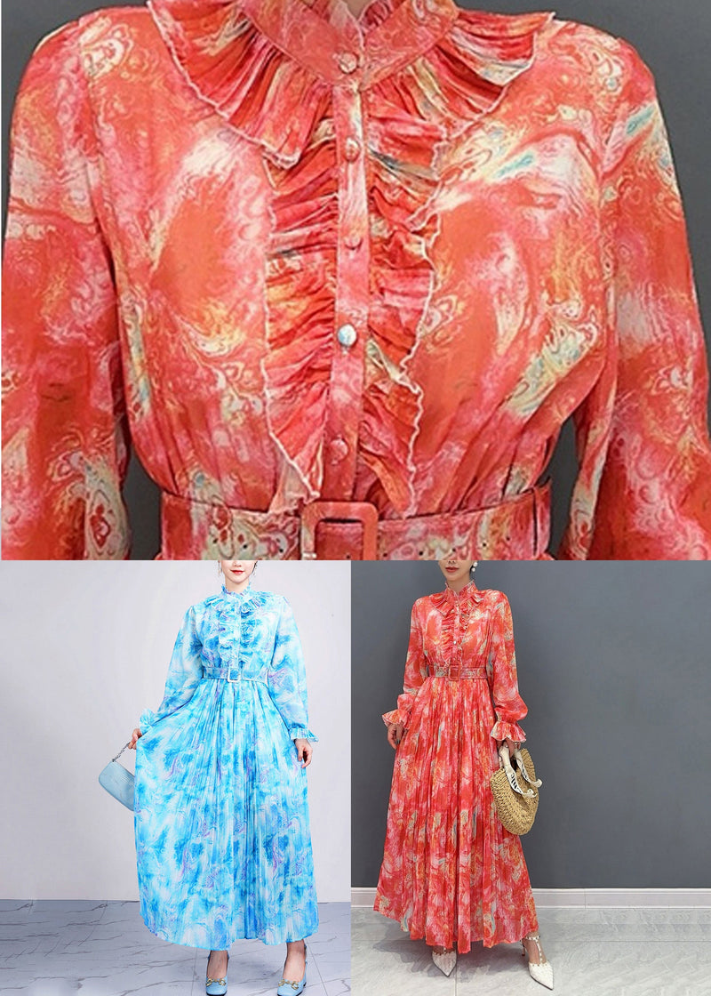 Red Stand Collar Print Sashes Chiffon Long Dress Long Sleeve Fall