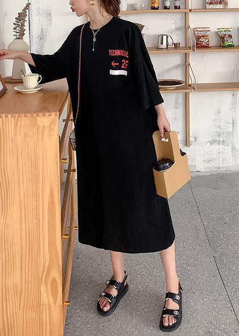 Black Graphic Cotton O Neck Summer Mid Dress