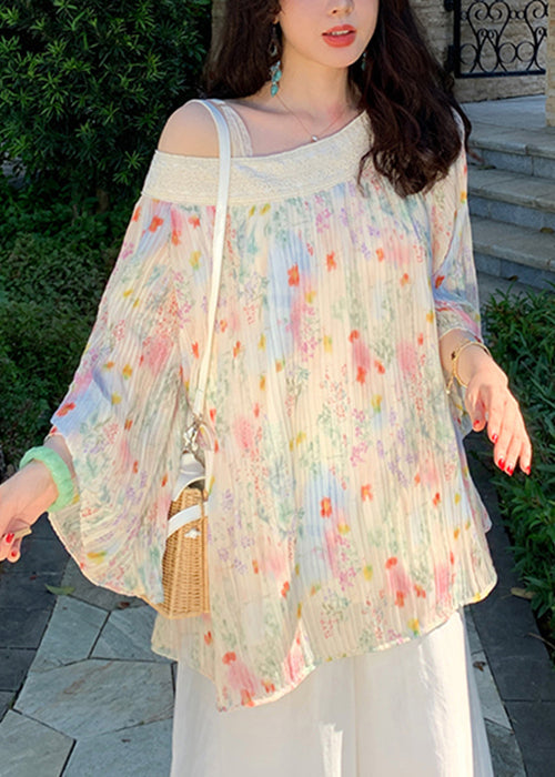 Beige Embroidered Print Wrinkled Chiffon Shirt Fall