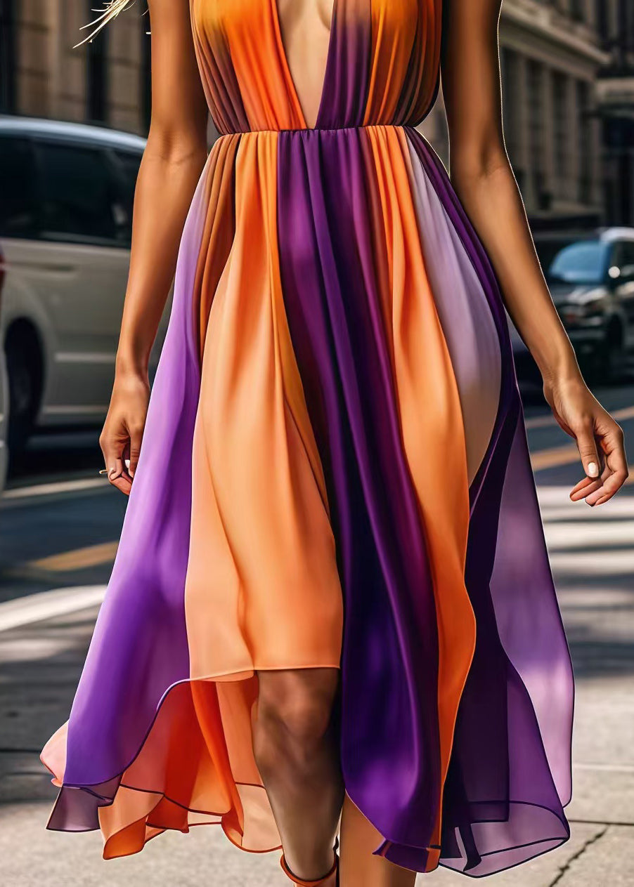 Orange Deep-v Neck Patchwork Silk Halter Dress Summer