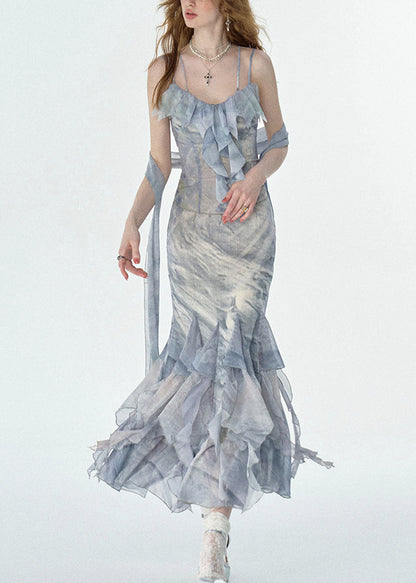Print Ruffled Chiffon Long Spaghetti Strap Dresses Summer