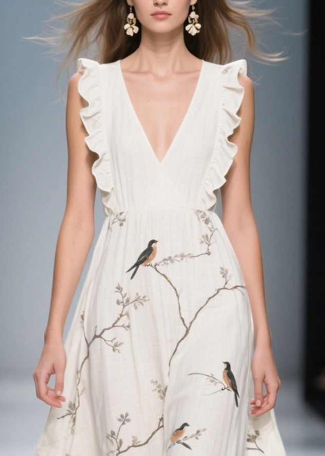 Classy White Ruffled Print Cotton Holiday Dress Summer