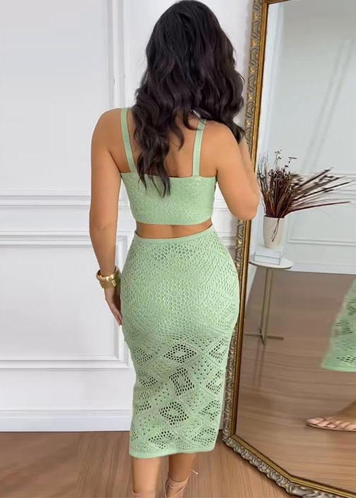 Green Hollow Out Cold Waist Knit Holiday Dress Summer