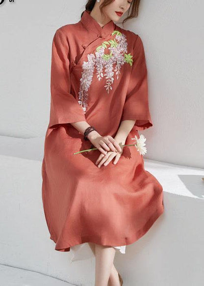 French Rust Embroideried Patchwork Button Summer Ramie Summer Dresses Half Sleeve