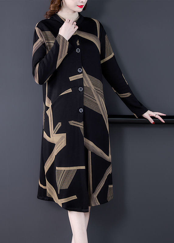 Black Stand Collar Oversized Print Coat Outwear Long Sleeve