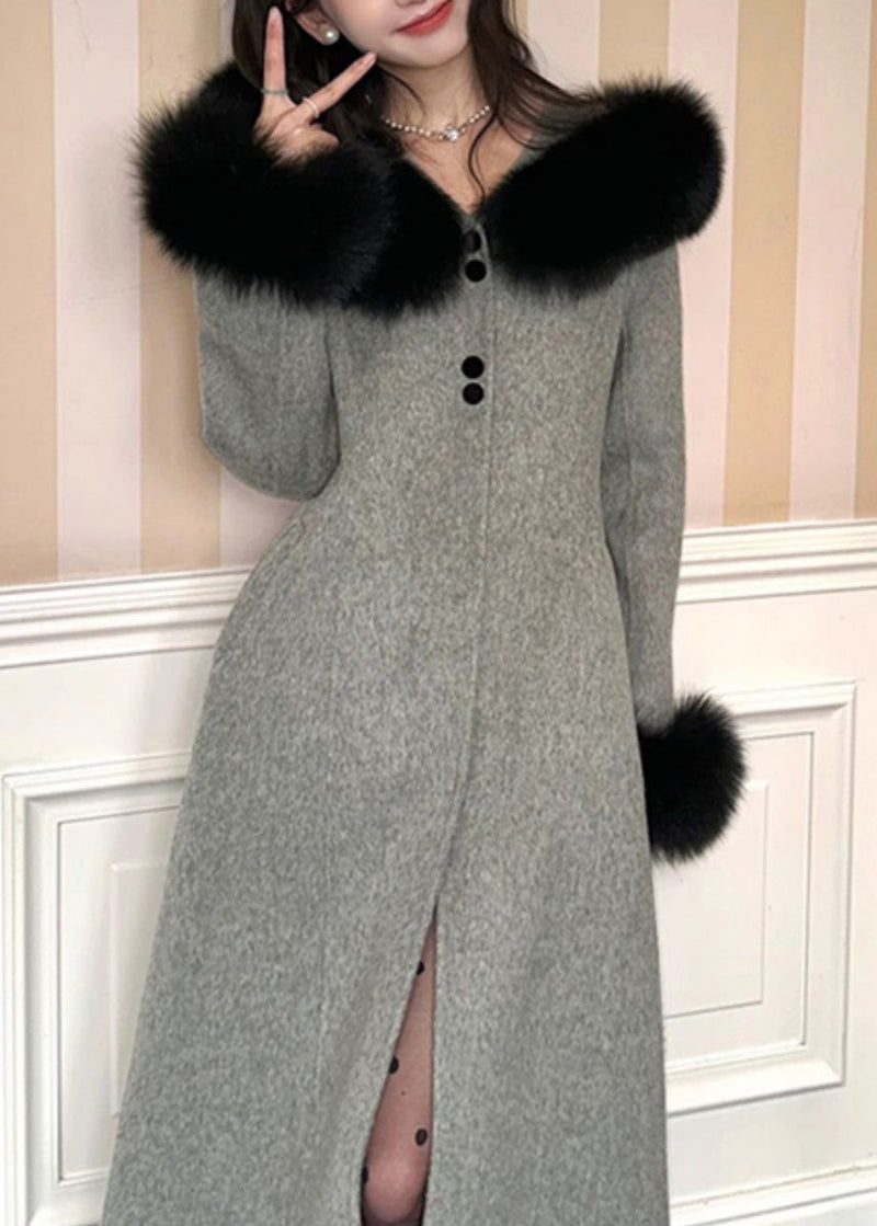 Grey Fur Collar Patchwork Woolen Coat Spring