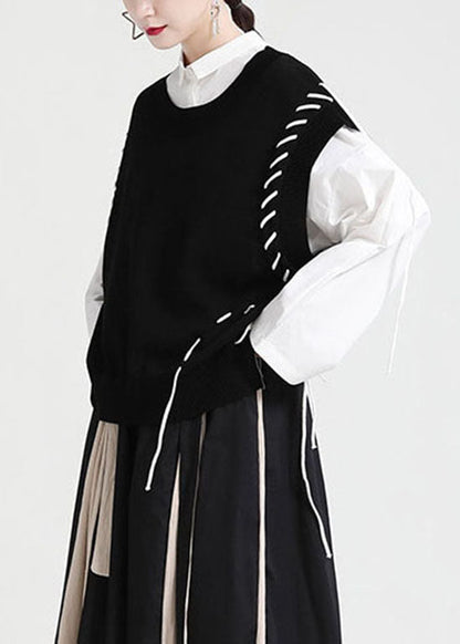 Black Knit Vest O-neck Drawstring Asymmetrical Spring