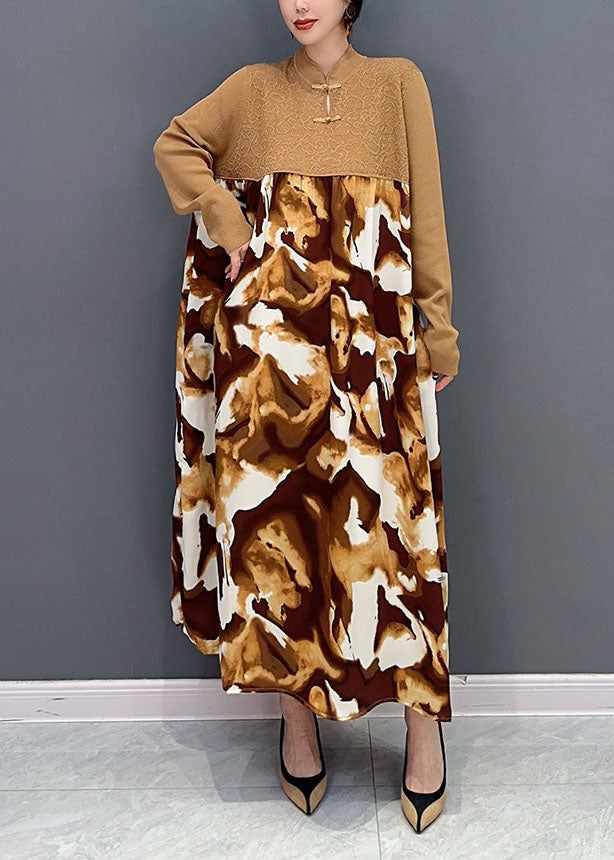 Khaki Mandarin Collar Patchwork Print Holiday Dress Spring