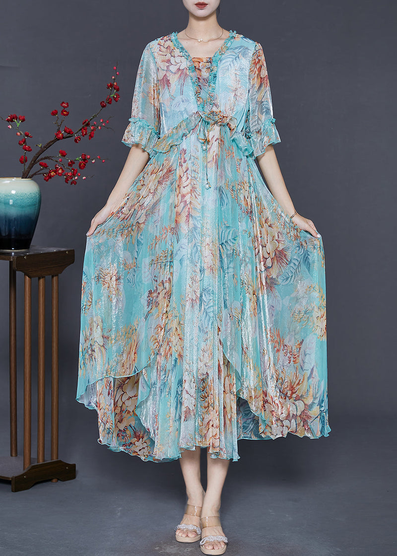 Blue Ruffled Print Silk Ankle Dress Summer