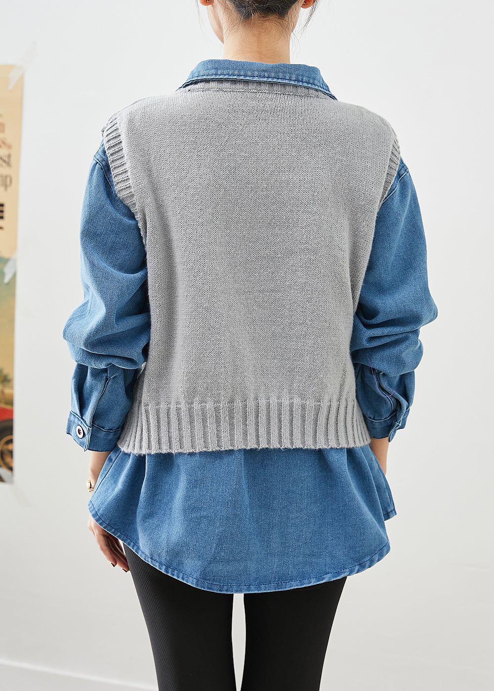 Oversized Thick Knit Vest and Denim Shirt Two Piece Set Outfits Fall