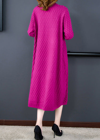 Rose Button Woolen Knitted Winter Dress O-neck