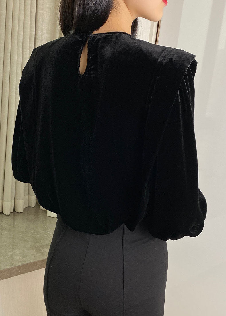 Black Button O-neck Silk Velour Tops Long Sleeve