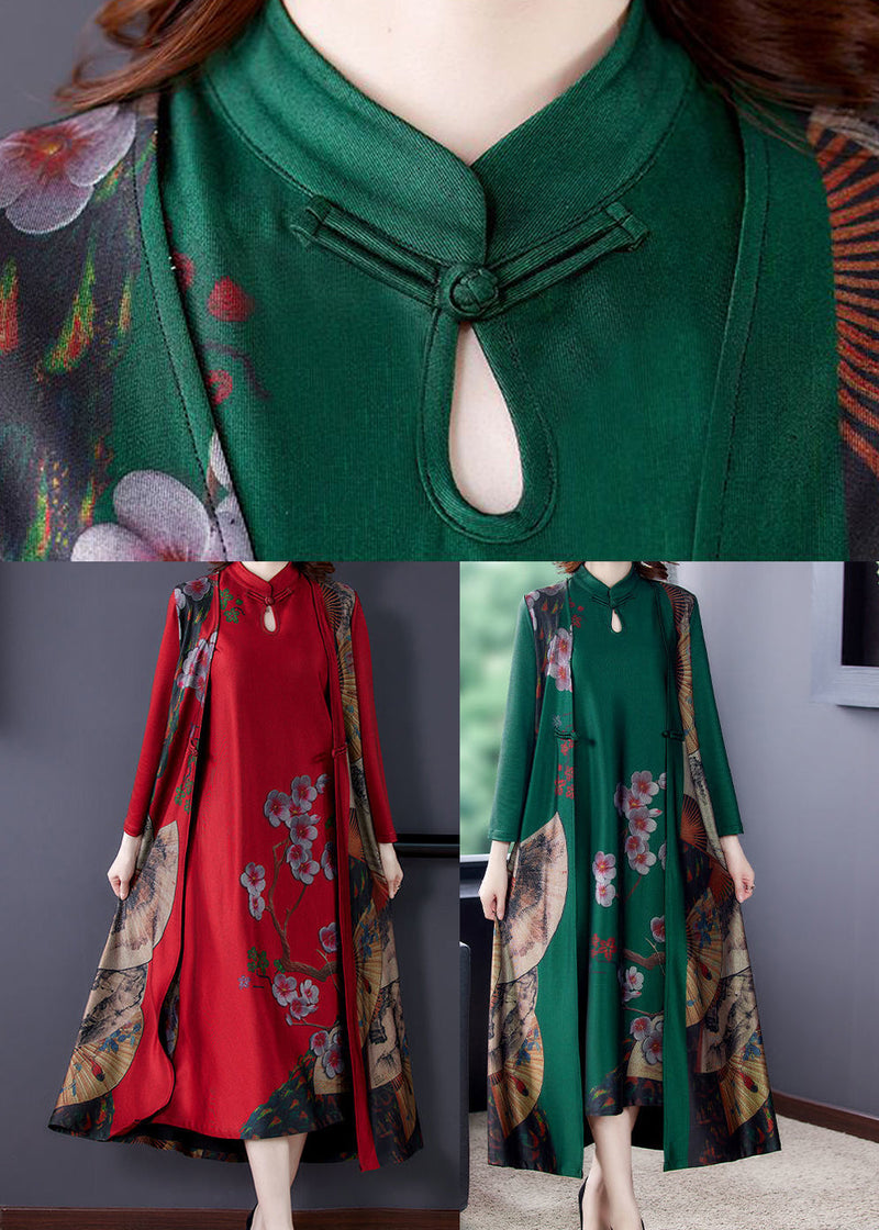 Red Stand Collar Chinese Button Silk Chinese Style Two Pieces Set Spring