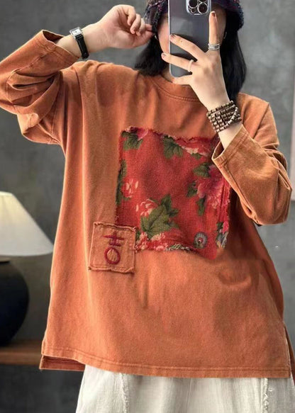 Red O Neck Applique Cotton T Shirt Tops Long Sleeve