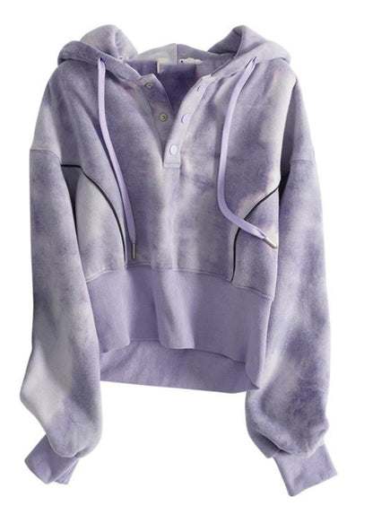 Grey Tie Dye Drawstring Hooded Sweatshirts Top Spring