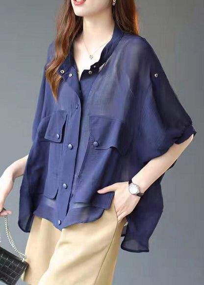 Blue Stand Collar Pockets Button Chiffon Upf 50+ Coats Lantern Sleeve