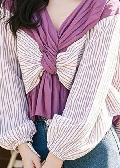 Colorblock V Neck Striped Wrinkled Shirt Puff Sleeve