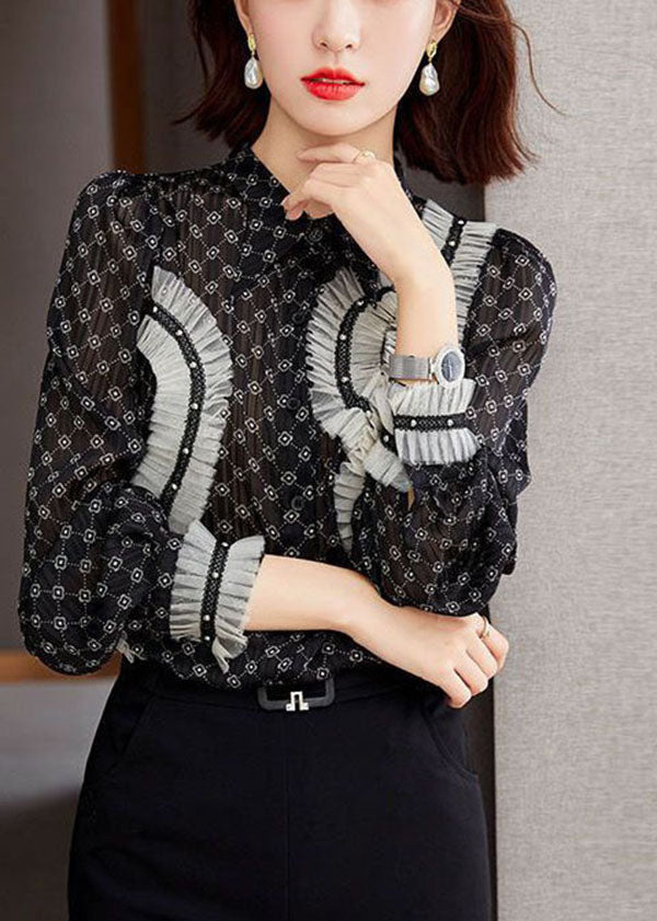Black Stand Collar Ruffled Patchwork Print Chiffon Shirts Long Sleeve