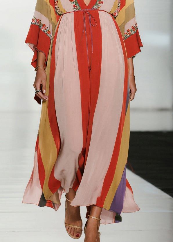 Colorblock Deep-v Neck Striped Chiffon Dress Summer