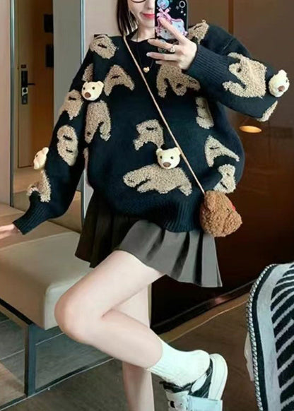 Black O Neck Jacquard Knit Sweater Tops Spring