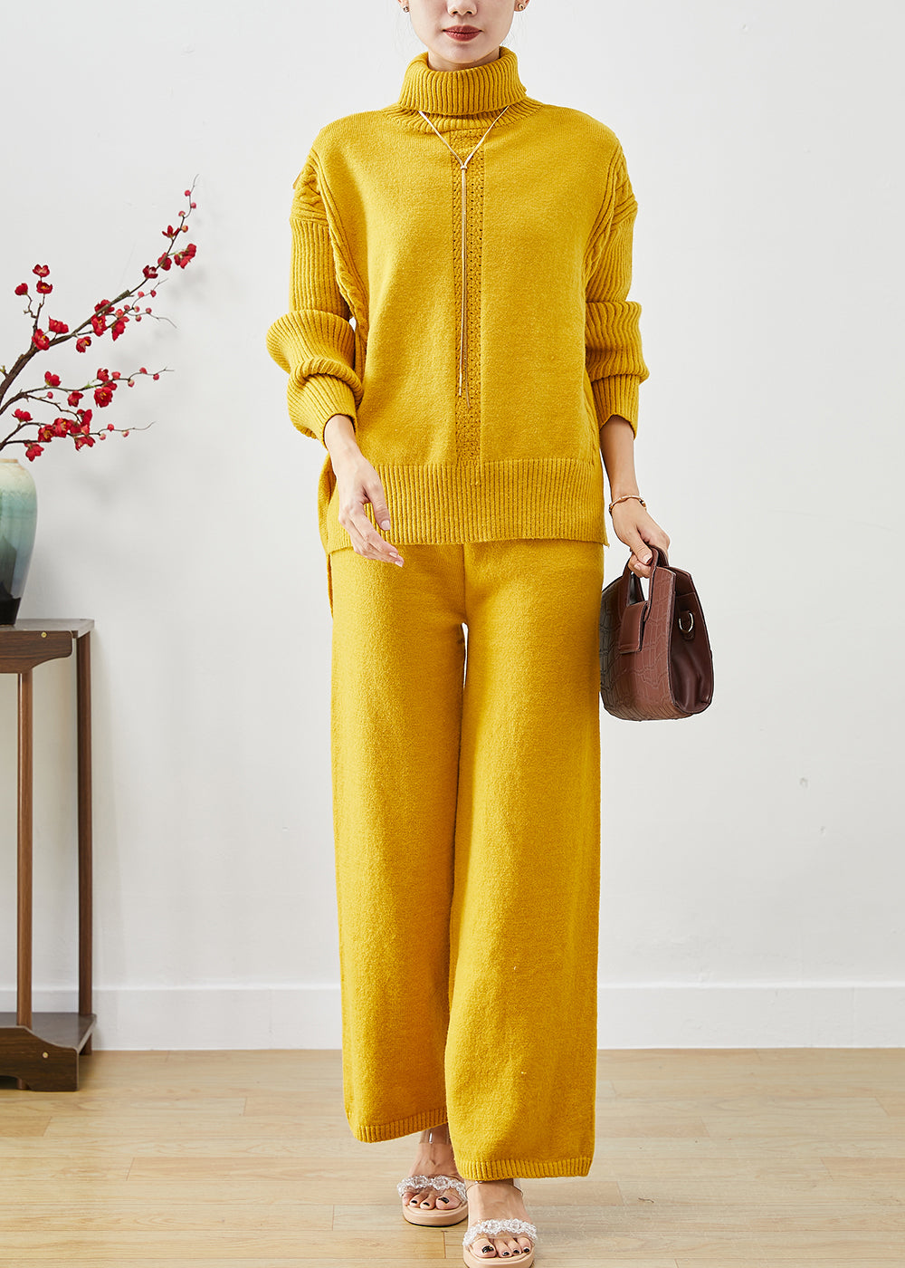 Yellow Turtle Neck Warm Knit Two Pieces Set Fall