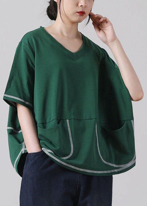 Green V Neck Short Sleeve Cotton Shirt