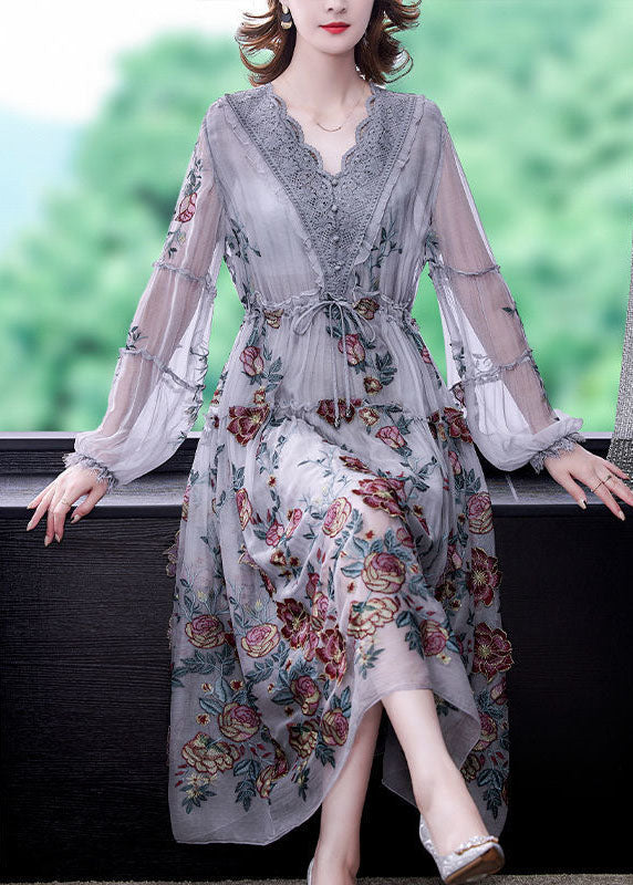 Grey V Neck Patchwork Print Tulle Cinched Dress Spring