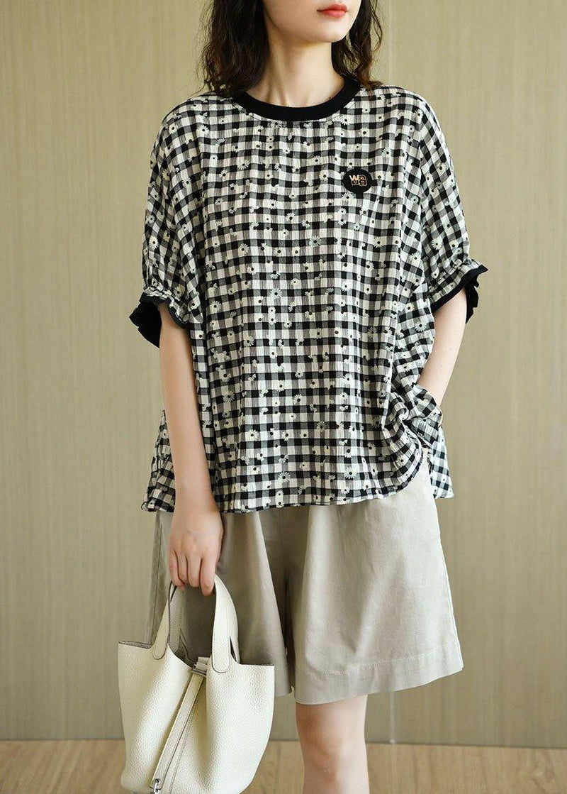 Fitted Black White Plaid O-neck Print Summer Top Half Sleeve