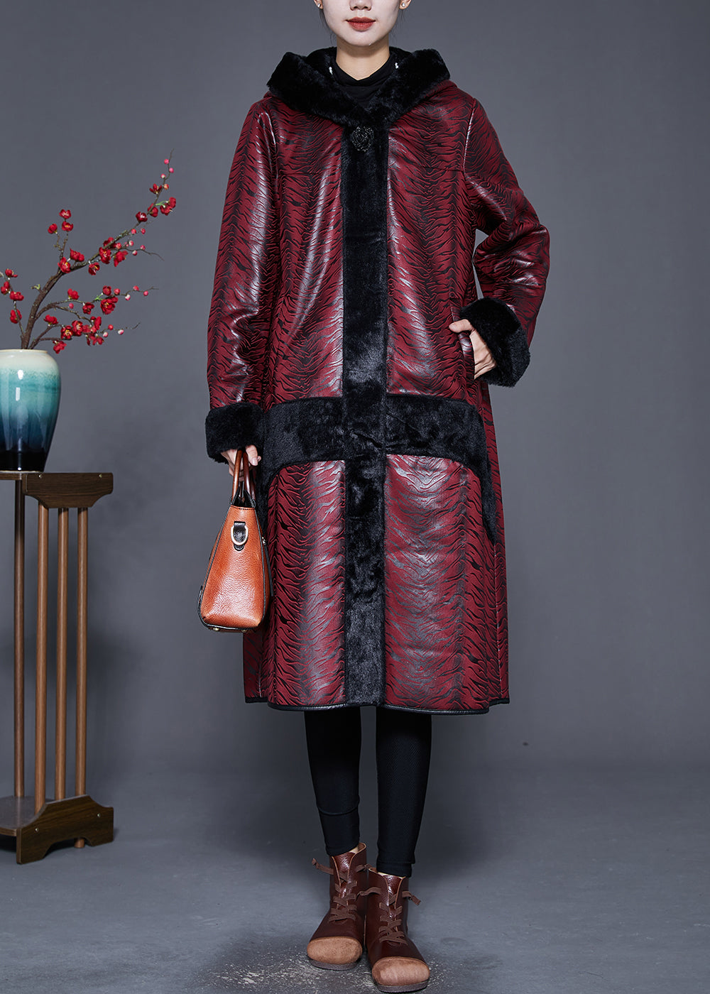 Dull Red Hooded Patchwork Warm Fleece Coats Winter