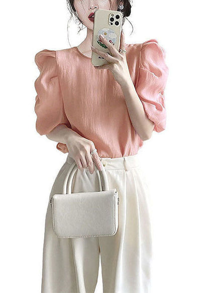 Modern Pink O-neck Silk Blouse Top Puff Sleeve