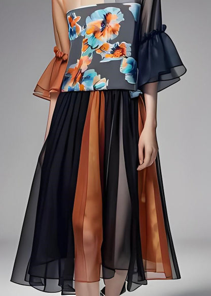 Colorblock Ruffled Organza Patchwork Chiffon Dresses Summer