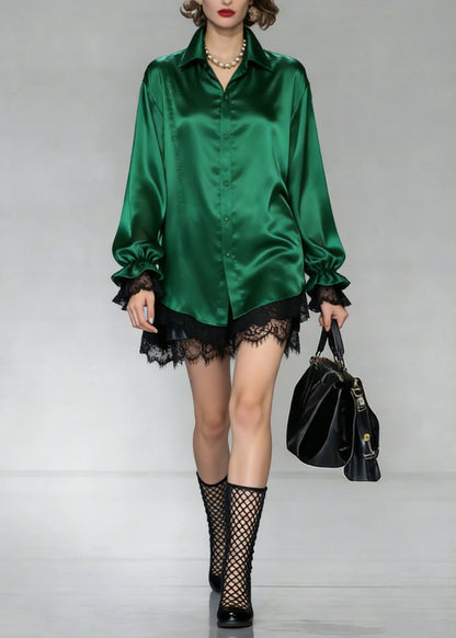 Green Peter Pan Collar Patchwork Silk Shirt Spring