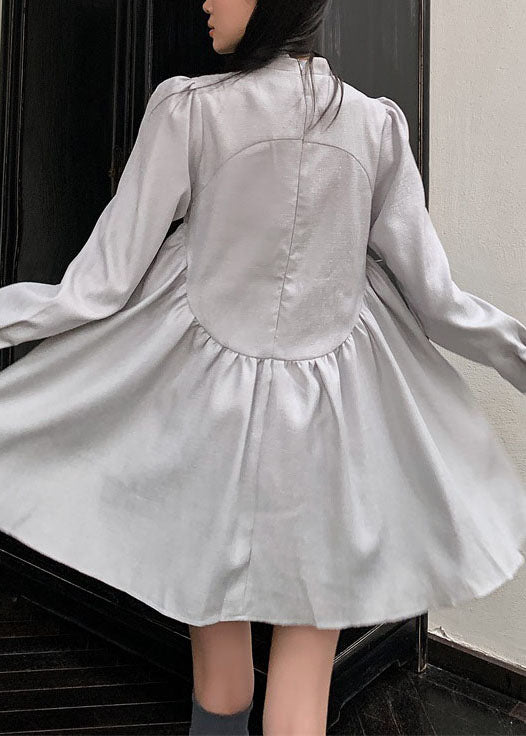 Grey Stand Collar Tasseled Embroideried Patchwork Silk Dress Spring