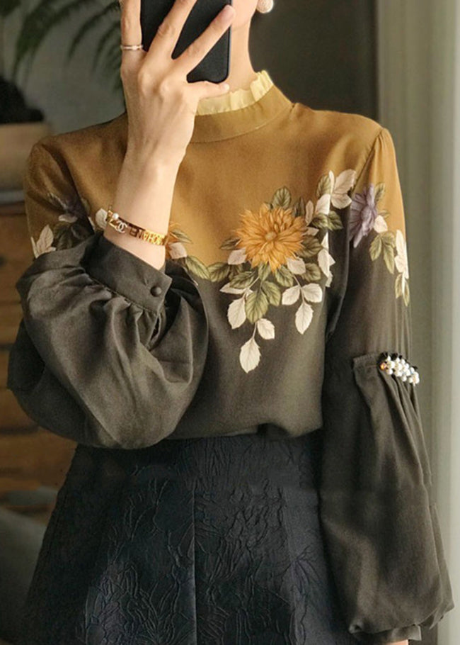 Brown Stand Collar Ruffled Pearl Patchwork Print Blouses Top Puff Sleeve