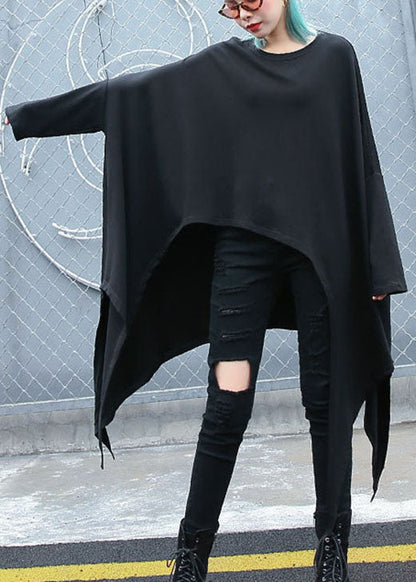 Fitted Black O-neck Asymmetrical Design Loose Fall Long Sleeve Top