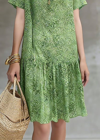 Natural Green Print Patchwork Long Dresses Short Sleeve