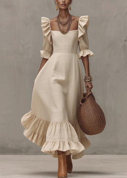 Beige Ruffled Patchwork Long Dresses Short Sleeve