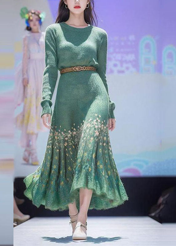 Green Print High Waist Cotton Knit Sweater Dress Winter