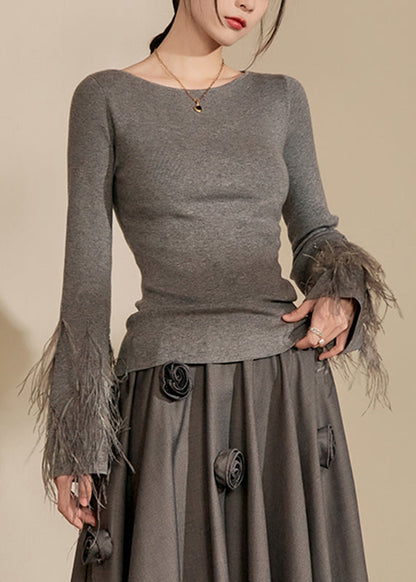 Fitted Grey O-neck Tassel Cotton Knit Sweaters Spring