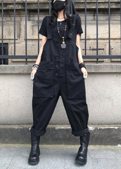 French Black Patchwork Button Jumpsuit Summer