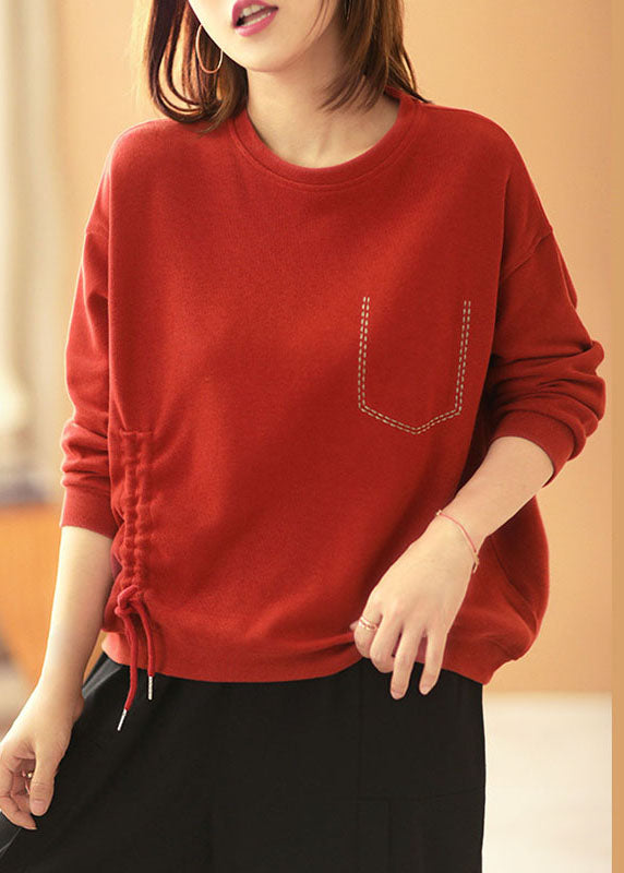 Style Red Loose O-neck Patchwork Fall Sweatshirts Top