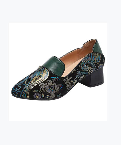 Green Chunky Heel Embossed Splicing