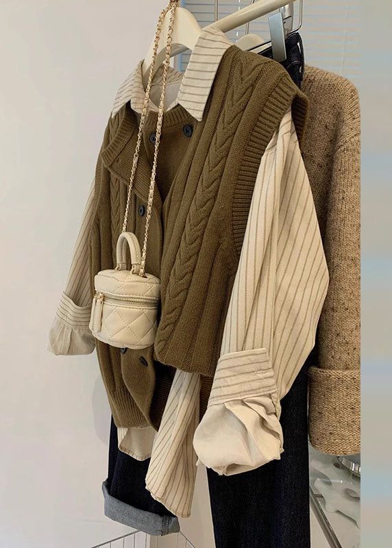 Italian Brown Button Cable Knit Waistcoat and Shirts Two Pieces Set Fall