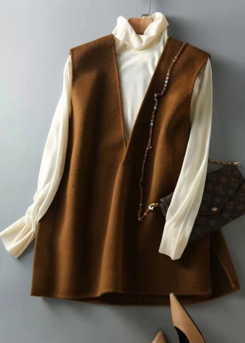 Brown Chocolate Side Open Button V Neck Woolen Vest Sleeveless